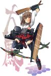  1girl airplane arms_up bike_shorts blush bow_(weapon) brown_eyes brown_hair crossbow flat_chest headband headgear kantai_collection looking_at_viewer open_mouth personification short_hair skirt solo taihou_(kantai_collection) thigh-highs tsukishima_makoto weapon 