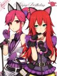  2girls animal_ears belt black_gloves blue_eyes blush cat_ears cat_tail character_request earrings fingerless_gloves gloves highres hitoto jewelry long_hair microphone microphone_stand multiple_girls necklace ponytail purple_gloves purple_hair redhead sweatdrop tail tail_grab violet_eyes 