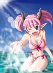  1girl ;) bikini blue_eyes blue_sky blush breasts cleavage demon_girl demon_horns earrings fangs horns jewelry lens_flare ocean pink_bikini pink_hair pointy_ears ririmu_tia shingeki_no_bahamut short_twintails sky solo splashing swimsuit twintails wara_(widy) wink 