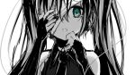  1girl bandages crying green_eyes kojiki-life long_hair looking_at_viewer monochrome simple_background solo spot_color tears white_background 