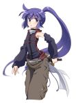  1girl akatsuki_(log_horizon) blush detached_sleeves kanami_yuu log_horizon long_hair looking_back ponytail purple_hair solo sword violet_eyes weapon 