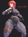  1girl abs belt bodysuit breasts copyright_name detached_sleeves dino_crisis fingerless_gloves gloves gun holster leotard muscle orange_eyes pistol pouches redhead regina shikuta_maru short_hair skin_tight solo thick_thighs thigh_holster thighs weapon 