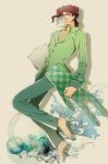  1boy barefoot earrings green_eyes jewelry jojo_no_kimyou_na_bouken kakyouin_noriaki pajamas pillow redhead shiron_(shiro_n) solo stuffed_animal stuffed_toy teddy_bear vertical_stripes 