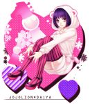  1girl animal_ears bob_cut brown_eyes california_king_bed fake_animal_ears higashikata_daiya hood hoodie jojo_no_kimyou_na_bouken jojolion purple_hair shiron_(shiro_n) short_hair solo stand_(jojo) striped striped_legwear thighhighs vertical-striped_legwear vertical_stripes 