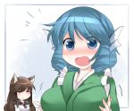  2girls animal_ears blue_eyes blue_hair blush breasts brooch brown_hair commentary_request dress hammer_(sunset_beach) head_fins imaizumi_kagerou japanese_clothes jewelry kimono large_breasts long_hair monster_girl multiple_girls open_mouth short_hair smile touhou wakasagihime wolf_ears 