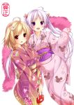  2girls ahoge blonde_hair breasts hair_ornament highres japanese_clothes kimono large_breasts long_hair long_sleeves looking_at_viewer multiple_girls nironiro obi open_mouth original purple_hair red_eyes smile twintails violet_eyes 