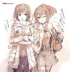  2girls bag casual crossed_arms hair_ribbon hyuuga_(kantai_collection) ise_(kantai_collection) jacket kantai_collection long_hair makura-ko_(nacoll) monochrome multiple_girls ponytail ribbon scarf short_hair shoulder_bag skirt thighhighs wink 