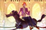  1boy 2014 cable fate/zero fate_(series) happy_new_year horseback_riding new_year orange_hair solo takigi unicorn uryuu_ryuunosuke v 