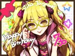  1girl :p adjusting_glasses bespectacled blonde_hair blush glasses green_eyes happy_birthday hitoto hoodie idolmaster idolmaster_cinderella_girls jewelry jougasaki_rika long_hair looking_at_viewer necklace sketch smile solo tongue tongue_out twintails two_side_up wink wristband 