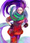  1girl fingerless_gloves gloves green_eyes jojo_no_kimyou_na_bouken lisa_lisa long_hair oburaato purple_hair scarf solo 