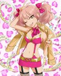  1girl artist_request belt bow breasts earrings eyelashes garter_straps idolmaster idolmaster_cinderella_girls jacket jewelry jougasaki_mika jpeg_artifacts midriff miniskirt navel official_art pink_hair skirt smile solo suspenders thighhighs tongue tongue_out twintails wink yellow_eyes 