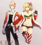  1boy 1girl bell blonde_hair bow bra breasts christmas cleavage coat collar fingerless_gloves gloves god_eater god_eater_2 hair_bow leaf_bikini long_hair looking_at_viewer mistletoe open_mouth santa_costume short_hair smile striped striped_bow striped_legwear thighhighs tujisaki underwear violet_eyes 