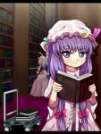  3girls bat_wings book bookshelf bow cart crescent_hair_ornament dress hair_bow hair_ornament hat hat_ribbon indoors izayoi_sakuya library long_hair looking_at_viewer looking_up mob_cap multiple_girls open_book patchouli_knowledge payot pointing pointing_up purple_hair remilia_scarlet ribbon robe smile striped striped_dress tonakai_(bunsuka) touhou violet_eyes wings 