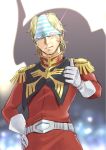  1boy blonde_hair char_aznable gloves gundam hand_on_hip highres looking_at_viewer military military_uniform mobile_suit_gundam object_on_head panties panties_on_head smile sparkle striped striped_panties thumbs_up underwear uniform wa_(genryusui) 