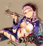  1girl asymmetrical_clothes bangs blue_hair blunt_bangs bowtie bracelet breasts cleavage earrings hair_ornament highres jewelry lips long_hair lying mikazuki_akira! multicolored_hair nail_polish navel on_side pink_hair pipe prosthesis prosthetic_arm red_eyes scan simple_background smirk solo thigh_strap wink 
