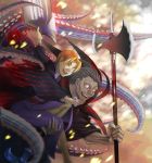  2boys book caster_(fate/zero) dark_persona fate/zero fate_(series) grey_hair japanese_clothes kimono multiple_boys orange_hair poleaxe ribatin uryuu_ryuunosuke vertical_stripes yellow_eyes 