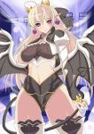  1girl absurdres ahoge blonde_hair blush breasts bridal_gauntlets character_request cropped_jacket demon_girl demon_horns demon_tail demon_wings earrings fang highres horns jewelry laiezir large_breasts long_hair midriff navel pointy_ears shingeki_no_bahamut smile tail thighhighs violet_eyes wings 