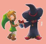  1boy 1girl a_link_between_worlds blonde_hair blush bottle female gift hat irene_(the_legend_of_zelda) link male nintendo pointy_ears the_legend_of_zelda witch_hat yo_mo 