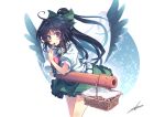  1girl arm_cannon basket black_hair black_wings bow breasts cookie eating food hair_bow long_hair orita_enpitsu red_eyes reiuji_utsuho signature skirt smile solo third_eye touhou weapon wings 