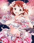  1girl amami_haruka blush bracelet brown_hair cherry_blossoms flower green_eyes hair_flower hair_ornament heart heart_hands idolmaster idolmaster_million_live! jewelry looking_at_viewer musical_note navel official_art open_mouth pose ribbon short_hair smile 
