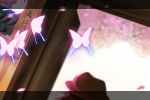  1girl blurry butterfly cherry_blossoms depth_of_field door dutch_angle hat letterboxed petals solo tokoroten_(hmmuk) touhou usami_renko 