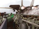  afterburner aircraft_carrier airplane drop_tank eiri_(eirri) f-14 fighter_jet jet landing_gear military missile signature smoke taking_off 
