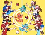  6+boys 6+girls backwards_hat bandana baseball_cap beanie black_hair blue_(pokemon) bow brown_hair bulbasaur cabbie_hat charmander double_bun fingerless_gloves gloves gold_(pokemon) hair_ornament hairclip haruka_(pokemon) hat hat_bow hikari_(pokemon) holding holding_poke_ball kotone_(pokemon) kouki_(pokemon) kyouhei_(pokemon) long_hair mei_(pokemon) multiple_boys multiple_girls poke_ball pokemon pokemon_(creature) pokemon_(game) pokemon_bw pokemon_bw2 pokemon_dppt pokemon_frlg pokemon_hgss pokemon_rse ponytail red_(pokemon) red_(pokemon)_(remake) scarf short_hair squirtle touko_(pokemon) touya_(pokemon) twintails visor_cap wink wristband yurichi_(artist) yuuki_(pokemon) 