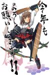  1girl airplane arms_up bike_shorts blush bow_(weapon) brown_eyes brown_hair crossbow flat_chest headband headgear kantai_collection looking_at_viewer open_mouth personification short_hair skirt solo taihou_(kantai_collection) thighhighs tsukishima_makoto weapon 
