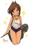  1girl brown_eyes brown_hair dark_skin i-401_(kantai_collection) ica kantai_collection looking_at_viewer one-piece_swimsuit open_mouth personification ponytail sailor_collar school_swimsuit school_uniform short_hair short_ponytail smile solo swimsuit 