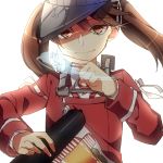 1girl brown_eyes brown_hair bust kantai_collection long_hair ryuujou_(kantai_collection) scroll smile solo translation_request twintails visor_cap yarawi 