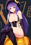 1girl bare_shoulders black_gloves black_legwear blush breasts cleavage crescent elbow_gloves gloves h halloween hat jack-o&#039;-lantern large_breasts legs long_hair long_legs miso_(misosiruoisi) patchouli_knowledge pumpkin purple_hair sitting solo thick_thighs thighhighs thighs touhou violet_eyes 