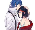  1101bca 1boy 1girl age_difference bare_shoulders black_hair blue_eyes blue_hair bra breasts cleavage crying crying_with_eyes_open forehead_kiss height_difference highlights highres kill_la_kill kiss matoi_ryuuko mikisugi_aikurou multicolored_hair necktie popped_collar shirt short_hair striped striped_bra tears towel underwear 