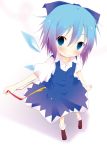  1girl blue_eyes blue_hair blush bow cirno gradient_hair hair_bow highres ice ice_wings ichihina multicolored_hair purple_hair solo touhou wings 