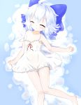  1girl ahoge bare_legs bare_shoulders blue_hair bow chemise cirno closed_eyes hair_bow highres ice ice_wings knees_touching lying mofu_mofu nightgown see-through sleeping solo touhou wings 