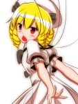  1girl blonde_hair blush bow drill_hair fairy_wings hair_bow honda_takaharu luna_child open_mouth red_eyes solo touhou white_background wings 