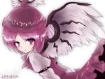  1girl absurdres arched_back armband bird_wings dated dress electrica2012 expressionless hat highres juliet_sleeves long_sleeves looking_at_viewer mystia_lorelei pink_hair puffy_sleeves short_hair simple_background solo touhou violet_eyes white_background 