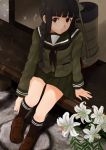  1girl adjusting_clothes adjusting_shoe bangs black_hair blunt_bangs braid brown_eyes fuyube_gin_(huyube) kantai_collection kitakami_(kantai_collection) long_hair looking_at_viewer neckerchief personification pleated_skirt school_uniform serafuku sitting skirt solo 