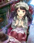  1girl :d armchair black_eyes black_hair cabbie_hat chair clenched_hands fireplace hanekoto hat legwear_under_shorts long_hair magnifying_glass museum open_mouth original pantyhose scarf shorts sitting smile wavy_hair 