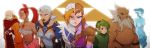  2boys 5girls bare_shoulders beard blonde_hair blue_eyes dark_skin darunia earrings facial_hair finni_chang green_hair impa jewelry multiple_boys multiple_girls nabooru ocarina_of_time pointy_ears ponytail princess_ruto princess_zelda rauru red_eyes redhead robe saria shoulder_pads the_legend_of_zelda tiara triforce 