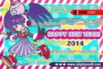  1girl 2014 animal_on_head ankle_boots blue_eyes blush_stickers boots call_d gem happy_new_year headphones inafune_keiji long_hair mighty_no._9 outstretched_arms pig purple_hair robot_joints running smile twintails vertical_stripes watermark web_address 