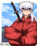  animal_ears cloudy_sky dog_ears inuyasha japanese_clothes katana mountain orange_eyes red_clothes sitting sword weapon white_hair zeshgolden 