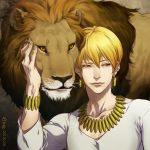  1boy bifanghuanshi blonde_hair bracelet earrings fate/zero fate_(series) gilgamesh highres jewelry lion necklace red_eyes 