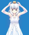  arms_up bare_arms bare_shoulders blue_background blue_eyes dress food food_on_head fruit fruit_on_head happy_new_year mandarin_orange masao object_on_head original personification silver_hair sleeveless sleeveless_dress smile white_dress 