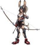  1girl animal_ears ankle_boots armor arrow belt black_panties boots bow_(weapon) breasts choker cleavage cleavage_cutout crop_top earrings elbow_pads final_fantasy final_fantasy_vii final_fantasy_xii fingerless_gloves fran fusion garters gloves greaves helmet high_ponytail highres jewelry loincloth long_hair mario_grant midriff panties rabbit_ears red_eyes silver_hair solo tan tifa_lockhart transparent_background underwear vambraces weapon 