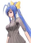 1girl ahoge antenna_hair blazblue blazblue_remix_heart blue_hair bow breasts bust drawfag hair_bow large_breasts long_hair mai_natsume ponytail ribbed_sweater sleeves_rolled_up solo sweater turtleneck violet_eyes 