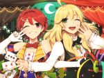  2girls ahoge aikatsu! bare_shoulders blonde_hair blush card confetti crossover elbow_gloves gloves green_eyes grin hair_ornament hairclip hat hitoto hoshii_miki ichinose_kaede idolmaster long_hair looking_at_viewer magic_trick multiple_girls open_mouth playing_card red_eyes redhead short_hair smile top_hat v vest white_gloves wink 