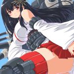  1girl black_hair breasts cannon dd_(ijigendd) detached_sleeves fusou_(kantai_collection) hair_ornament kantai_collection long_hair panties personification red_eyes red_legwear skirt smile solo thighhighs underwear white_panties 