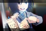  1girl ^_^ ^o^ blurry bookmark brown_eyes brown_hair closed_eyes depth_of_field letterboxed necktie notebook open_mouth paperclip photo_(object) pointing short_hair solo tokoroten_(hmmuk) touhou train train_interior usami_renko 