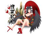  1girl black_hair black_wings breasts feathered_wings geta gmot hat highres japanese_clothes kimono oriental_umbrella red_eyes shameimaru_aya solo tengu-geta thighs tokin_hat touhou umbrella wings wink 