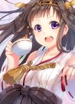  1girl absurdres bare_shoulders breasts brown_hair cup detached_sleeves double_bun hair_ornament hairband headgear highres japanese_clothes kantai_collection kongou_(kantai_collection) long_hair nanahosiryuuki nontraditional_miko open_mouth personification teacup violet_eyes 